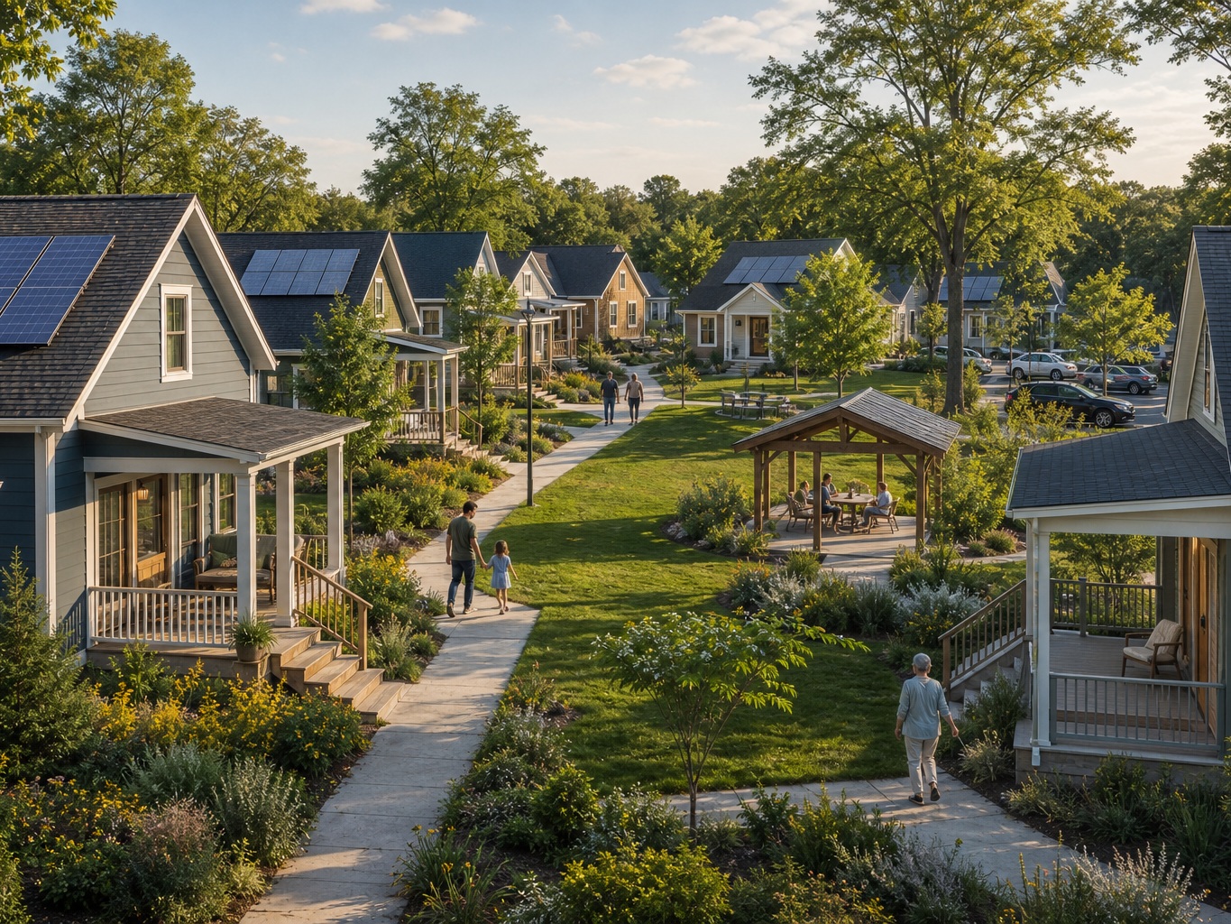 Illustrative ground-level view of porches and paths around a shared green