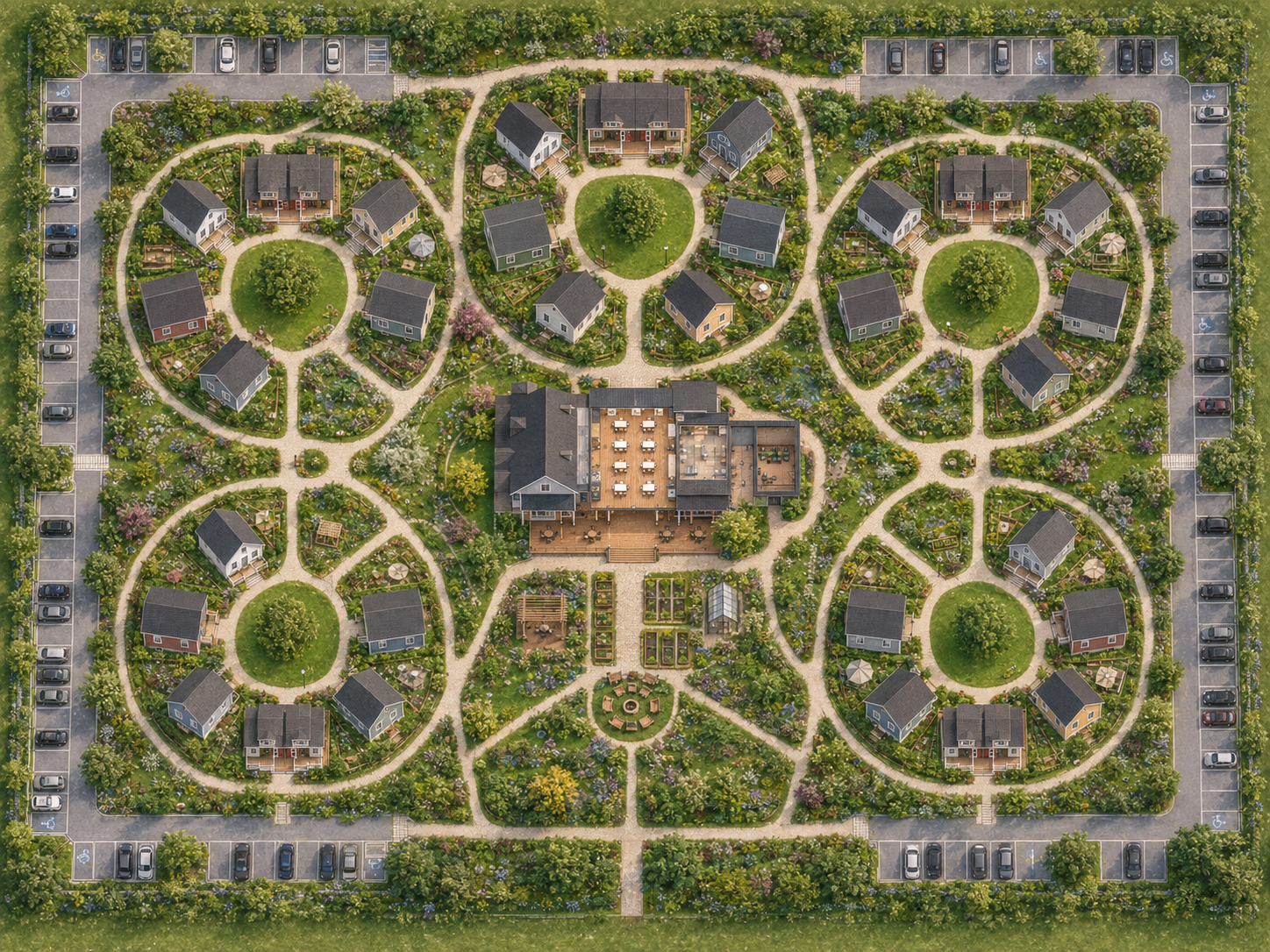 Illustrative overhead plan of a 40-home cottage village on 4.5 acres, with five landscaped residential clusters, a central pavilion and parking around the perimeter