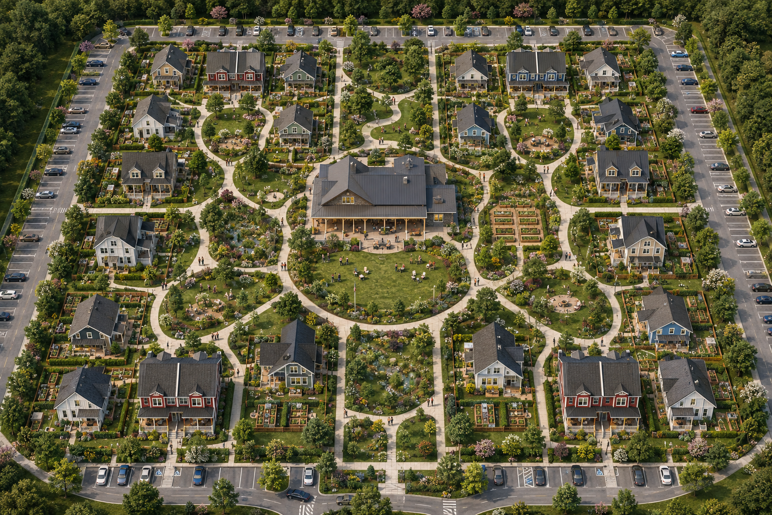 AI-assisted aerial perspective of a landscaped New Jersey cottage village with perimeter parking and a central pavilion